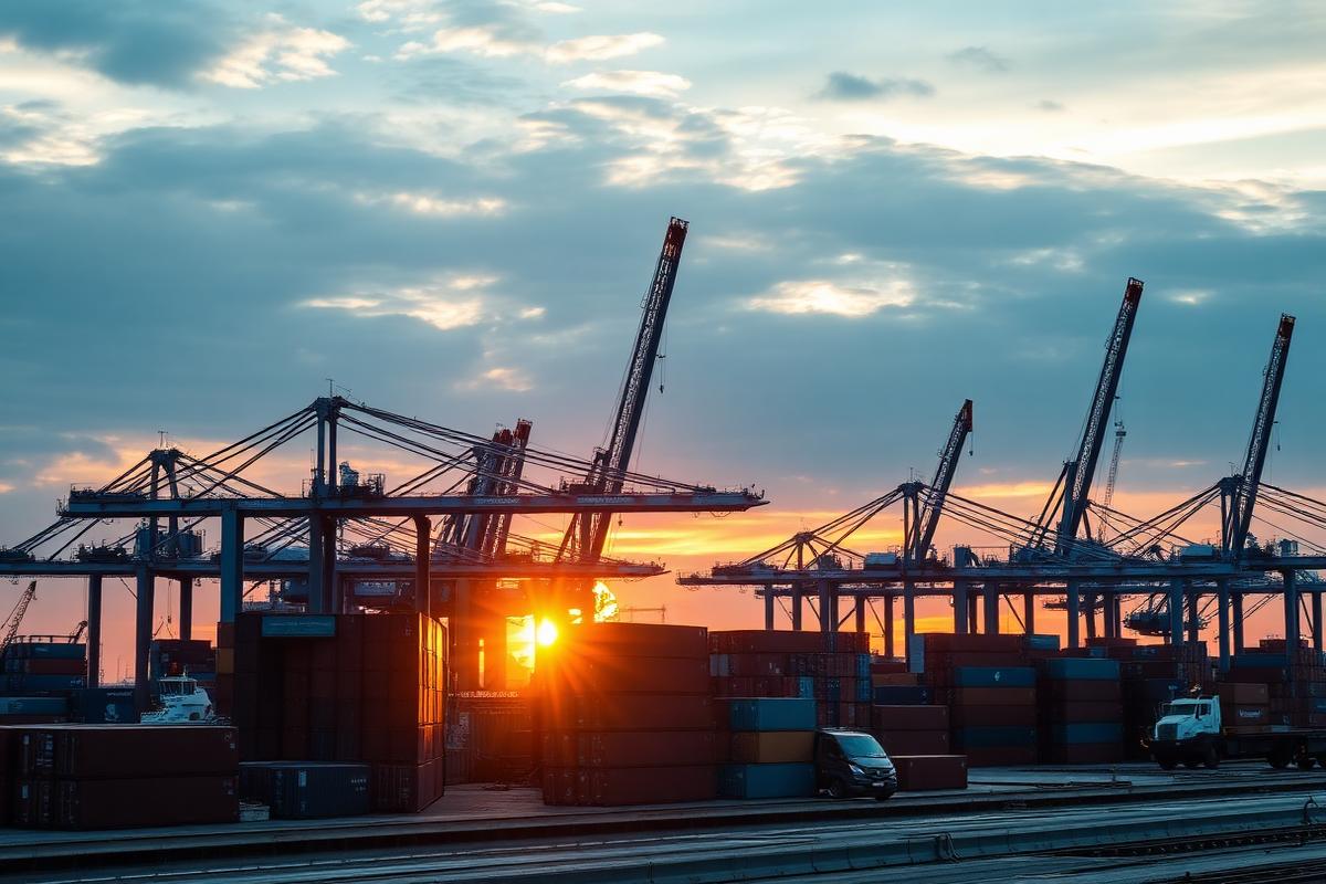 Container port with cranes at sunrise