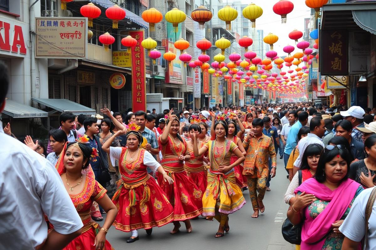 Dancers in traditional dress at a colourful city street festival