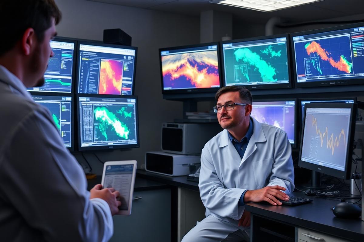 Researchers reviewing climate data visualisations on laboratory monitors