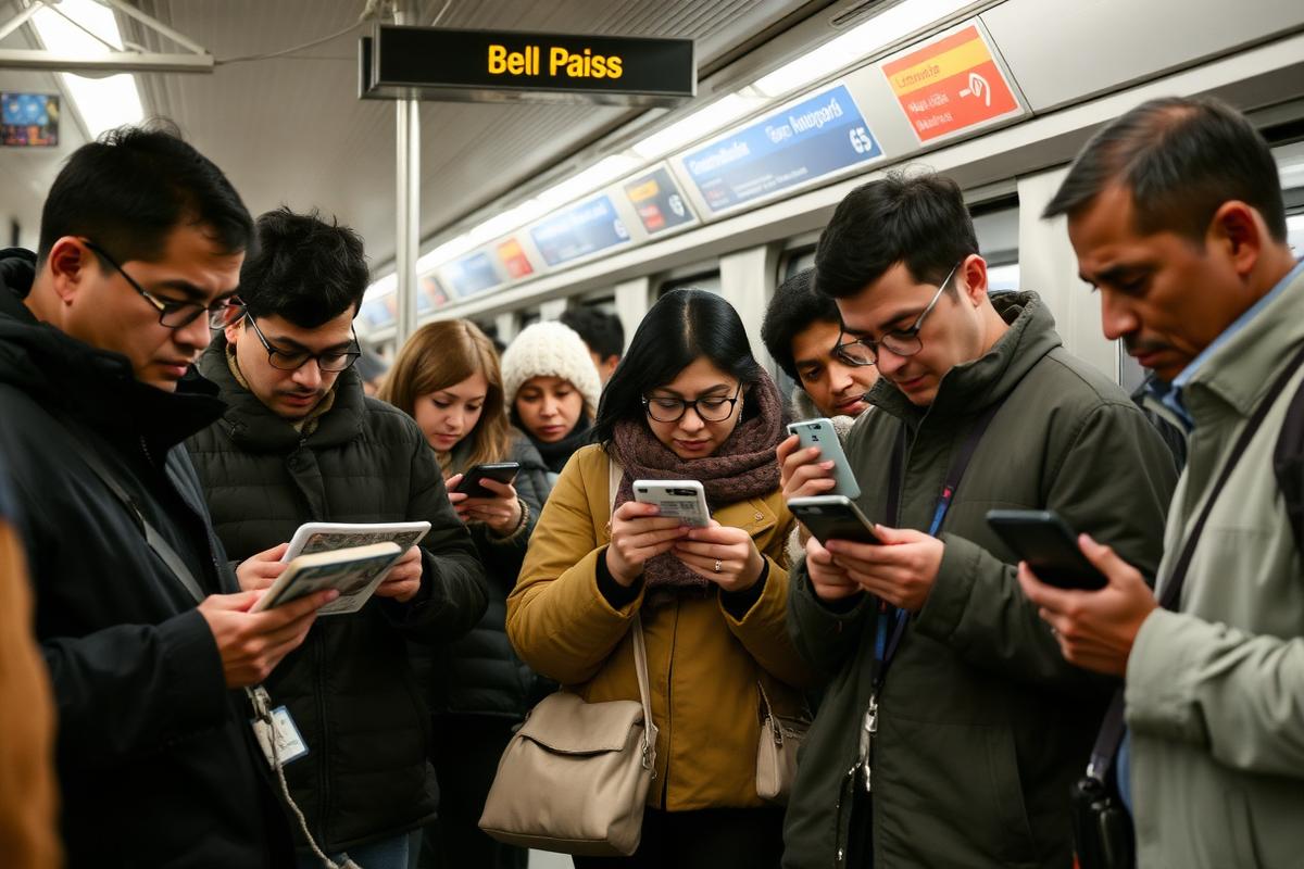 Commuters reading news on their phones in a transit station