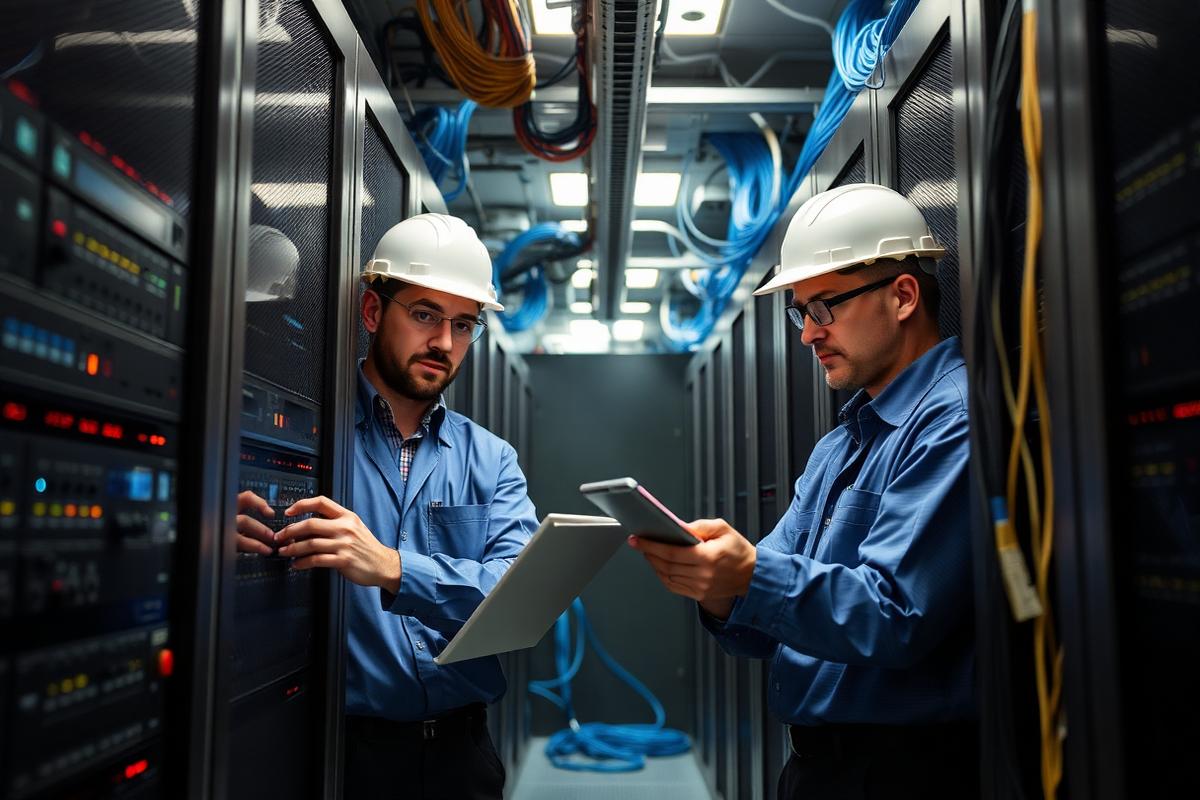 Engineers inspecting servers and fibre optic cabling in a data centre